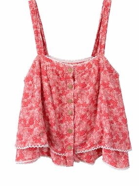 Altar’d State Red Floral Tank Top Medium Lace Trim Button Front Cottagecore Boho